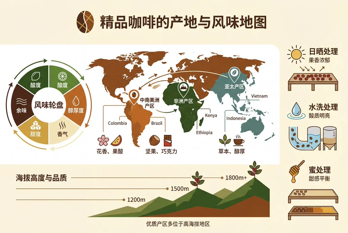 สร้างอินโฟกราฟิกความรู้: แผนที่แหล่งกำเนิดและรสชาติกาแฟ 1