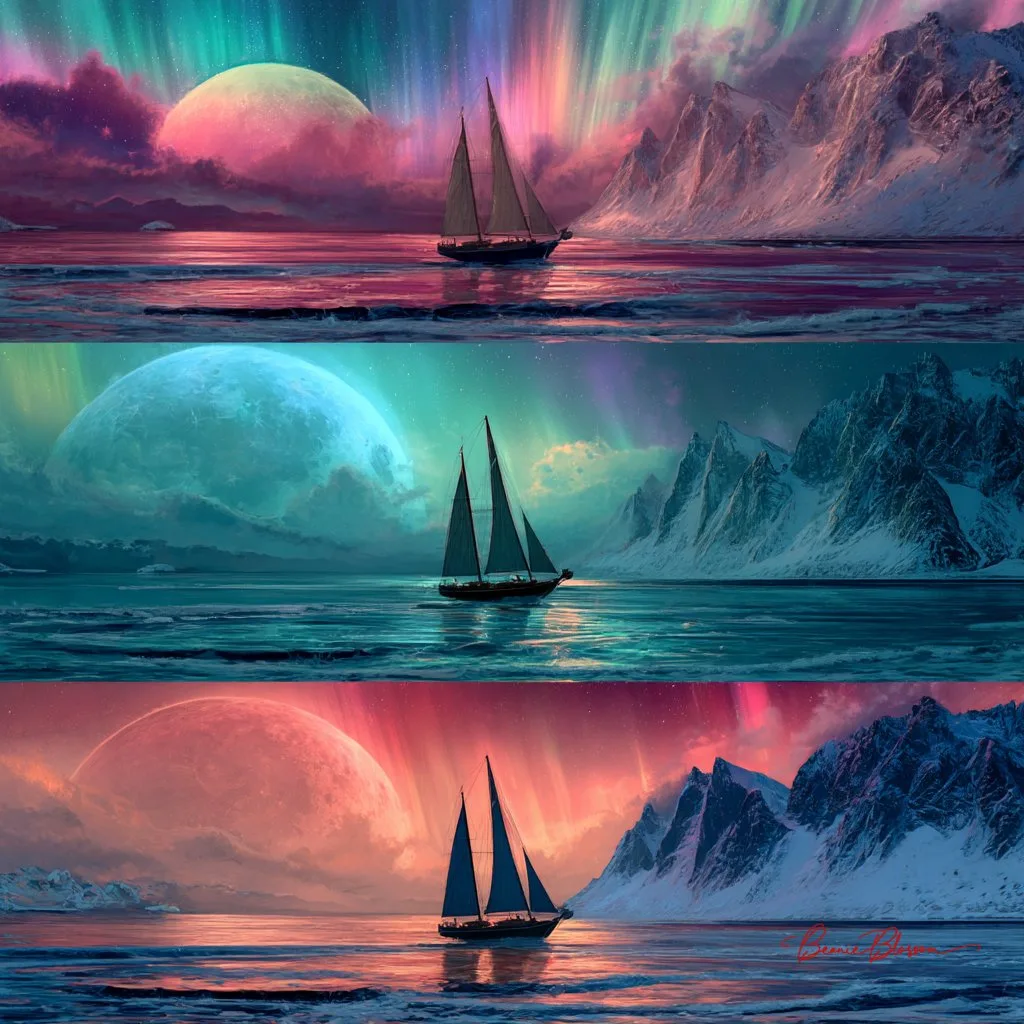 เรือใบแฟนตาซีท่ามกลางแสงเหนือและภูเขาหิมะ 1