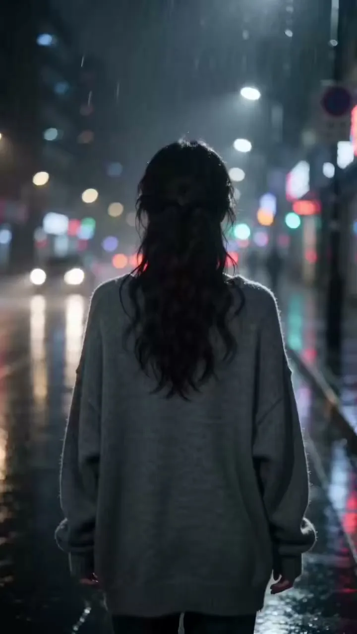สาวสวยมองย้อนกลับในคืนฝนตกกับแสงนีออน 1