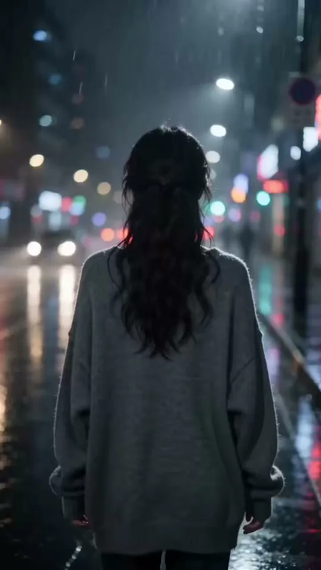 สาวสวยมองย้อนกลับในคืนฝนตกกับแสงนีออน