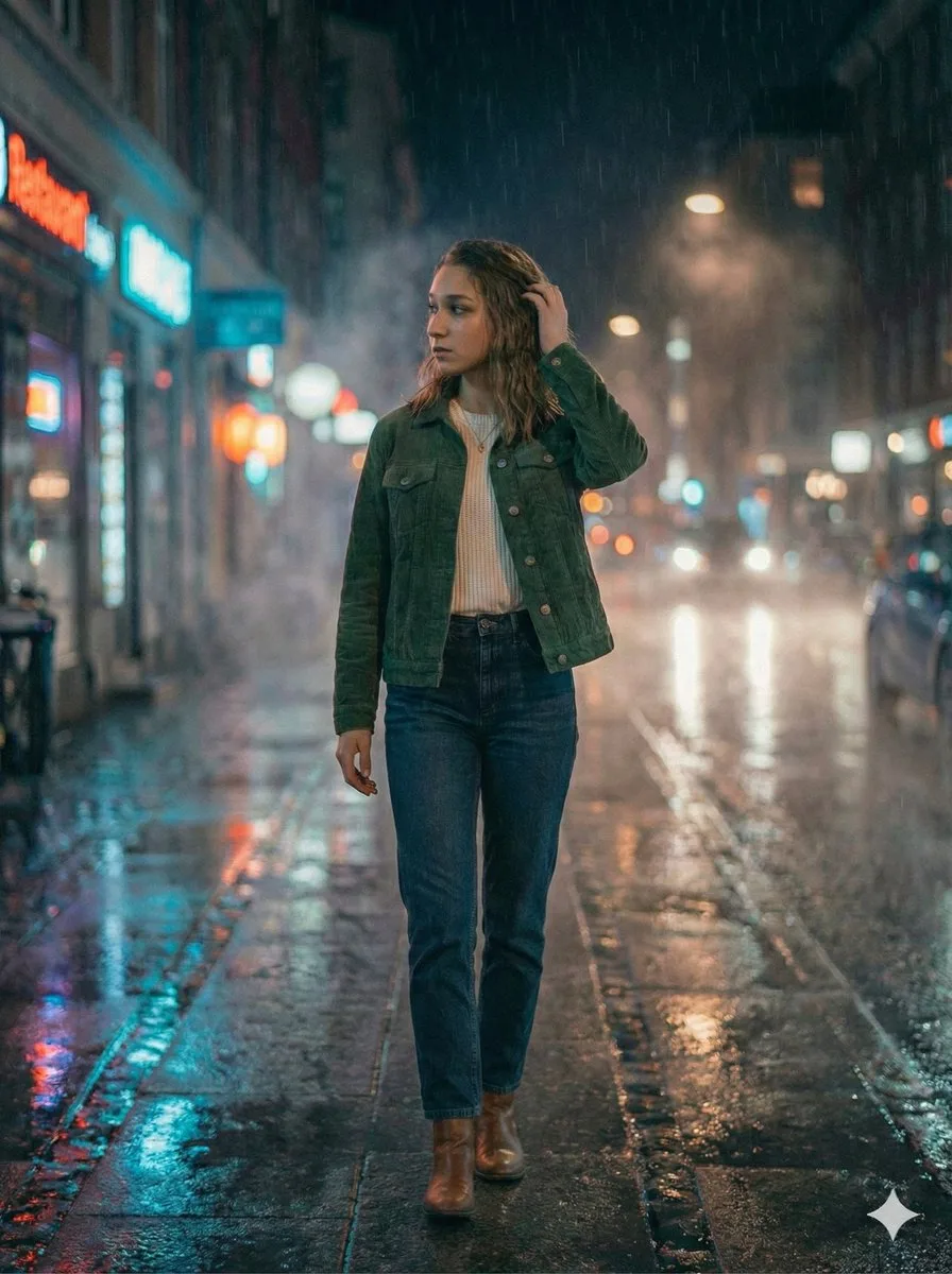 สาวสวยเดินท่ามกลางฝนพรำใต้แสงนีออน 1