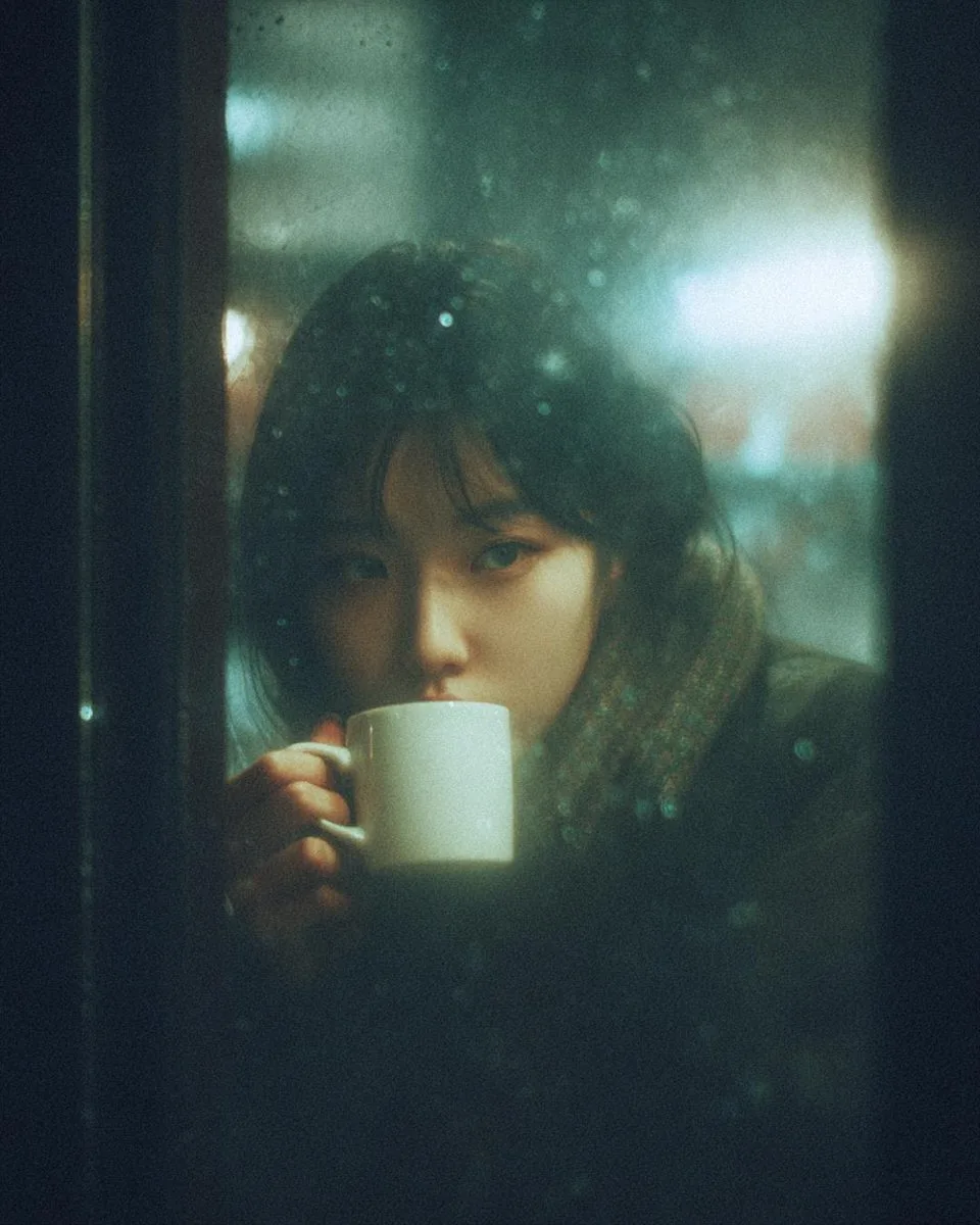 สาวคาเฟ่จิบกาแฟใต้แสงไฟฝนพรำยามค่ำคืน 1