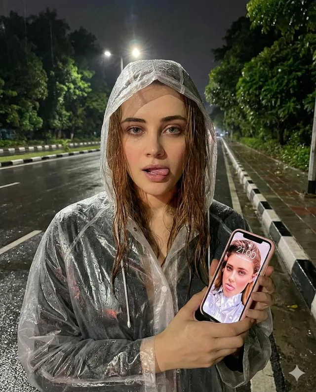 สาวผมเปียกท่ามกลางฝนพรำบนถนนยามค่ำคืน