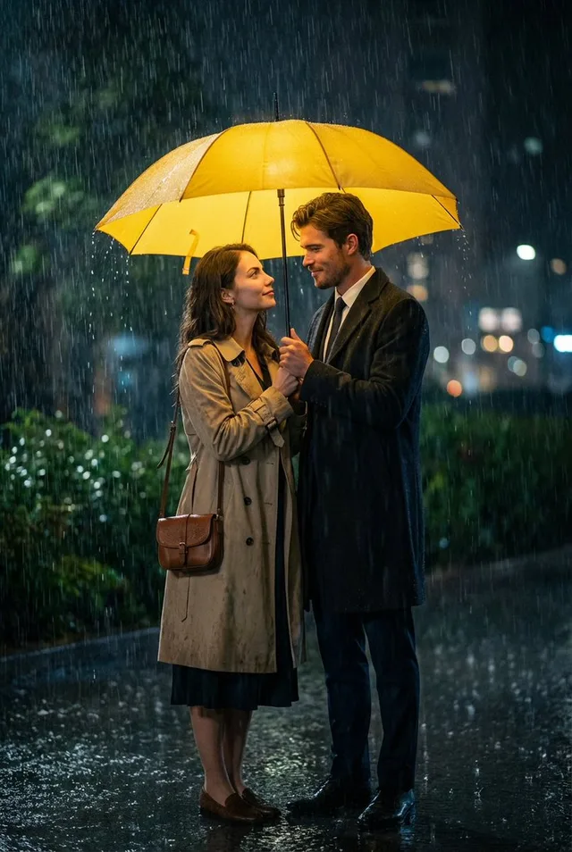 ค่ำคืนฝนตก: มองตากันใต้ร่มเหลืองอันอบอุ่น