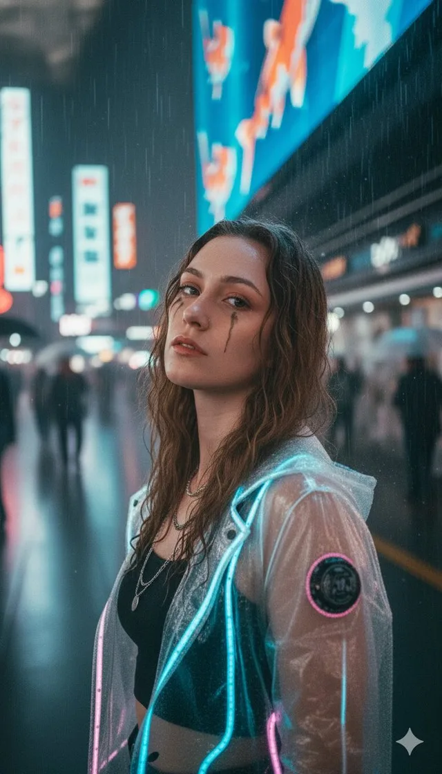 สาวไซเบอร์สุดเย็นชาใต้โฮโลแกรมปลาคาร์ปยามฝนตกชินจูกุ