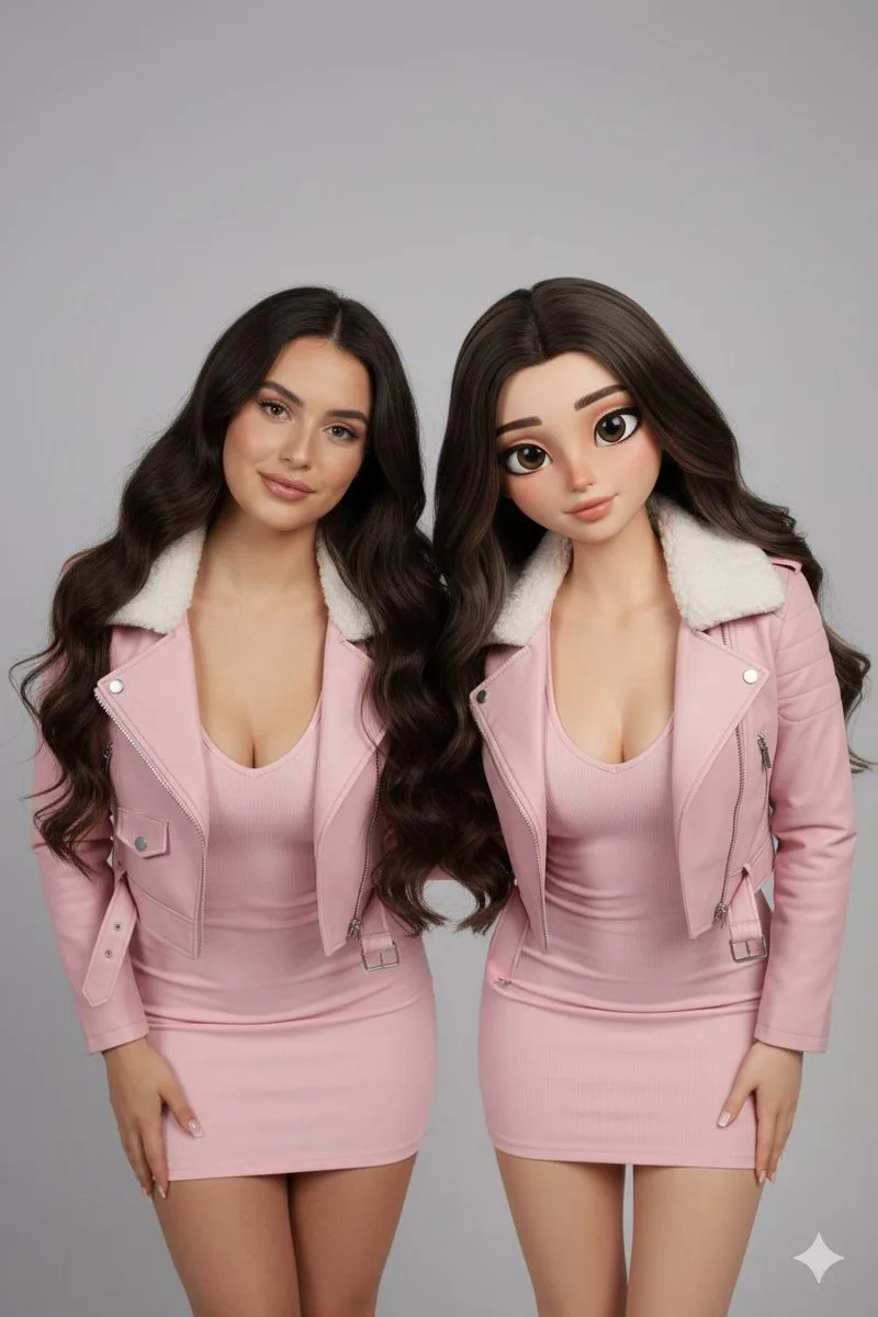 เหมือนจริง VS 3D: สองสาวชุดชมพูในท่าโพสสะท้อน 1