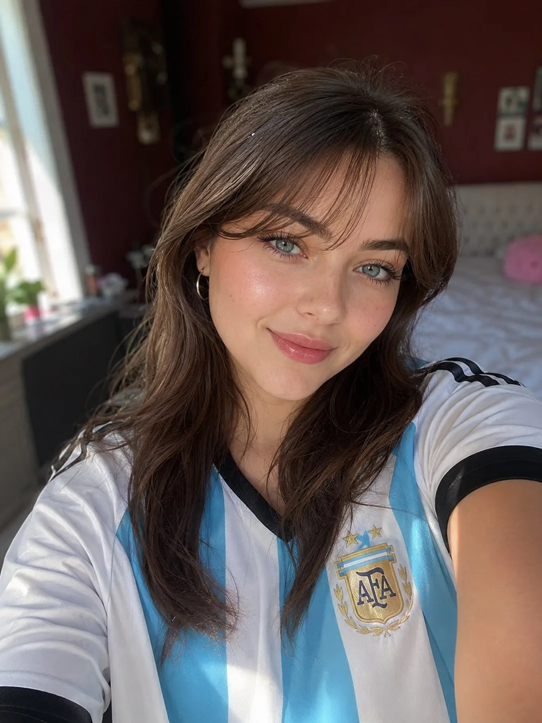 เซลฟี่สาวสวยในเสื้ออาร์เจนตินาในห้องนอน 1