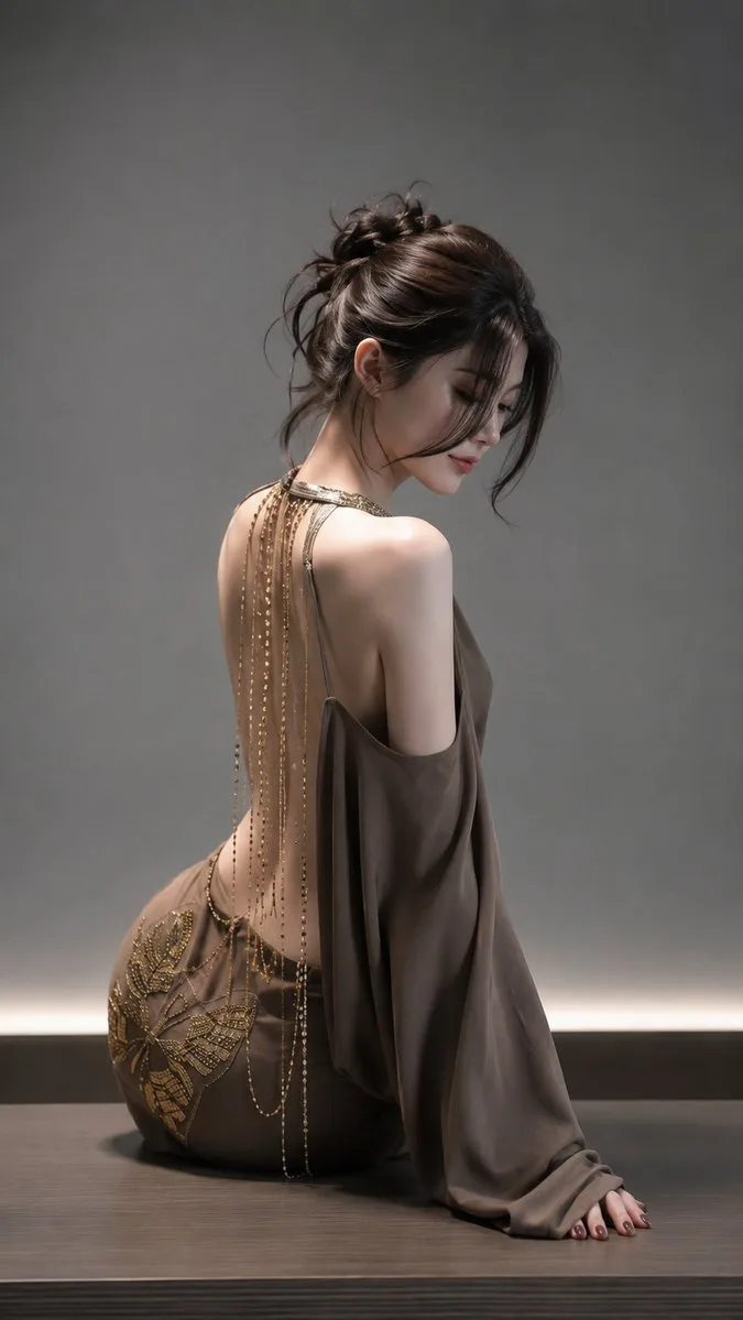 ชุดผ้าซาตินเปิดหลังประดับโซ่ทอง: ภาพบุคคลแฟชั่นหรู 1