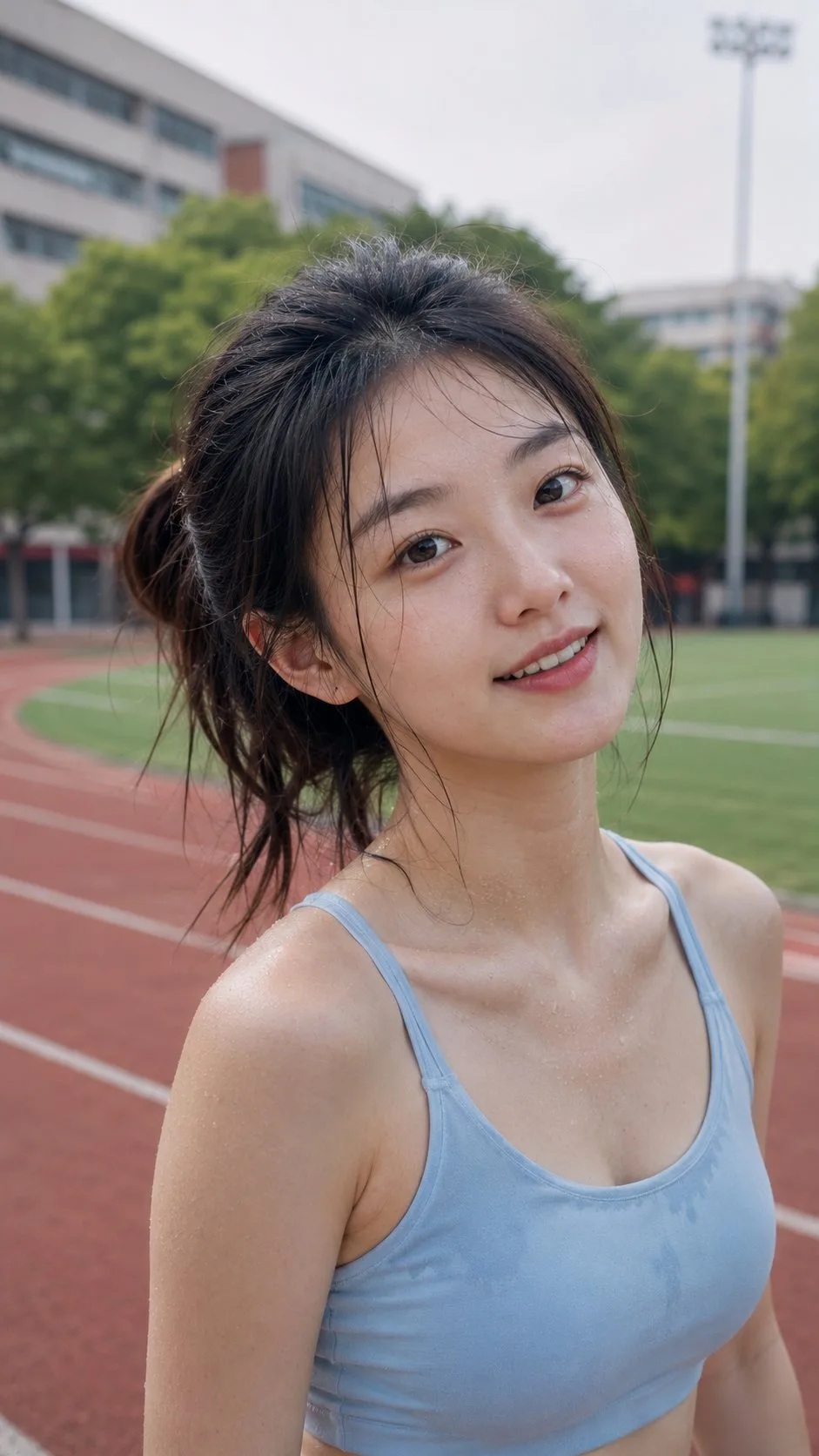 ถ่ายภาพเหมือนจริงสาวจีนบนลู่วิ่งสีแดงในสนามกีฬา 1