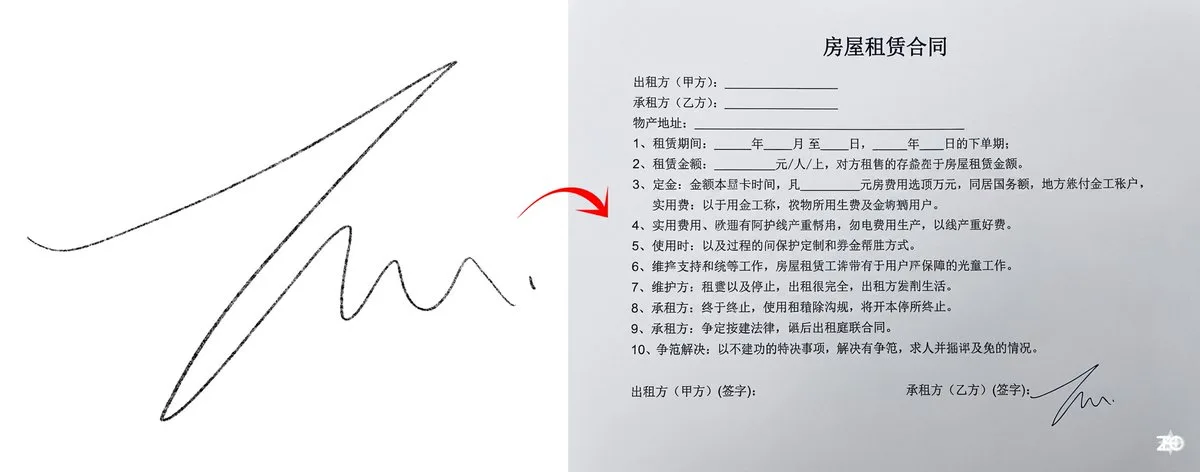 สัญญาเช่าบ้านภาษาจีนพร้อมลายเซ็น 1
