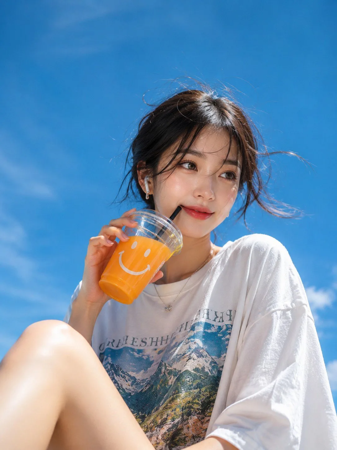 ภาพเหมือนจริงสาวเอเชียจิบน้ำส้มใต้ฟ้าสดใส 1