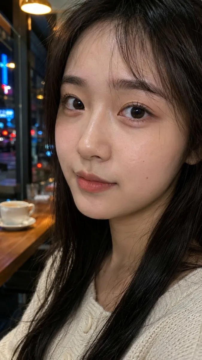 ภาพพอร์เทรตหญิงสาวเอเชียข้างหน้าต่างคาเฟ่ยามค่ำคืน 1