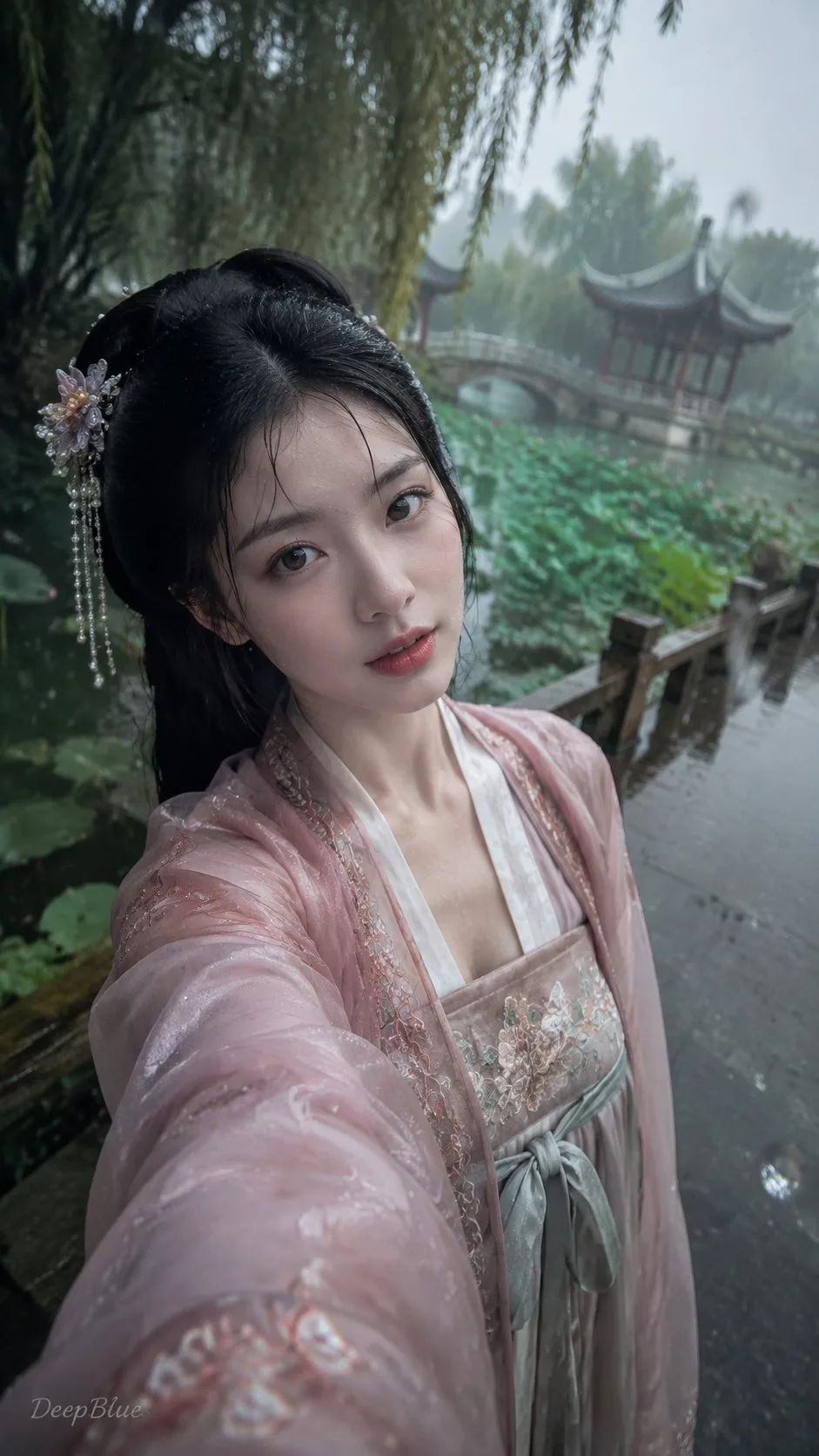 เซลฟี่สาวจีนในชุดฮั่นฝูท่ามกลางพายุฝน 1