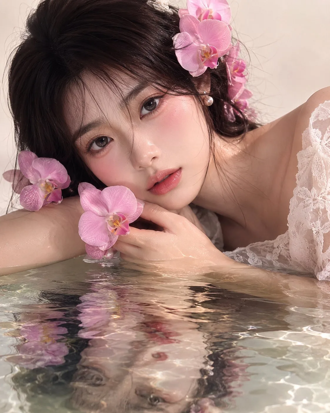 สาวงามกับกล้วยไม้สะท้อนผิวน้ำ 1