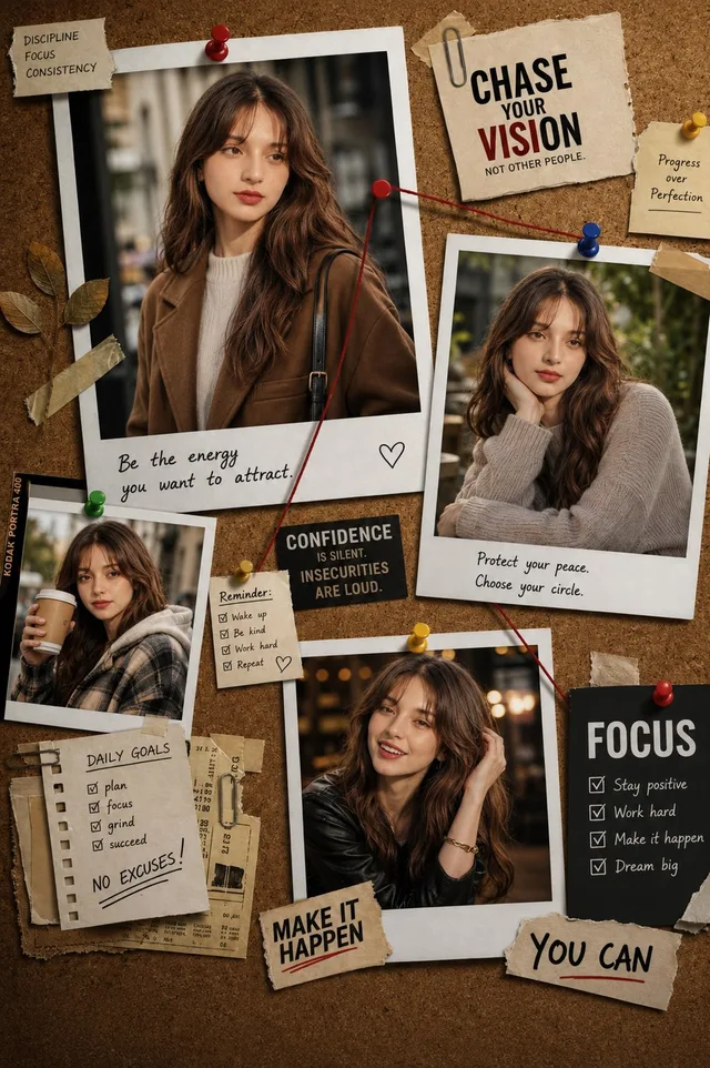 โปสเตอร์คอลลาจภาพผู้หญิงบนกระดานไม้ก๊อก