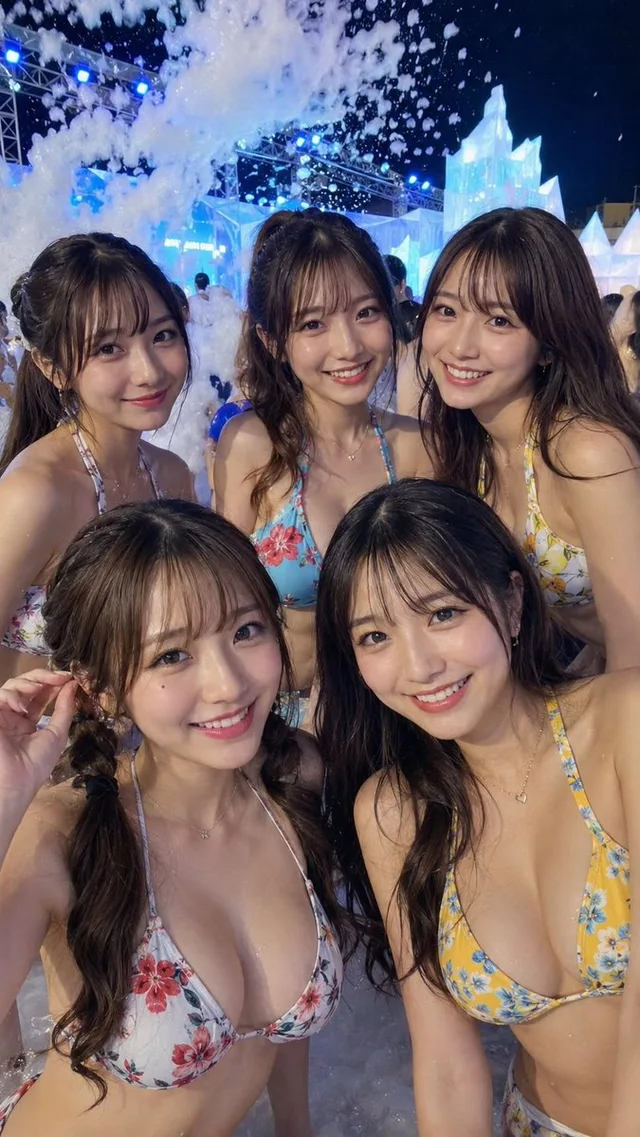 สร้างพรอมต์ภาพสาวญี่ปุ่นในเทศกาลโฟมน้ำแข็งยามค่ำคืน