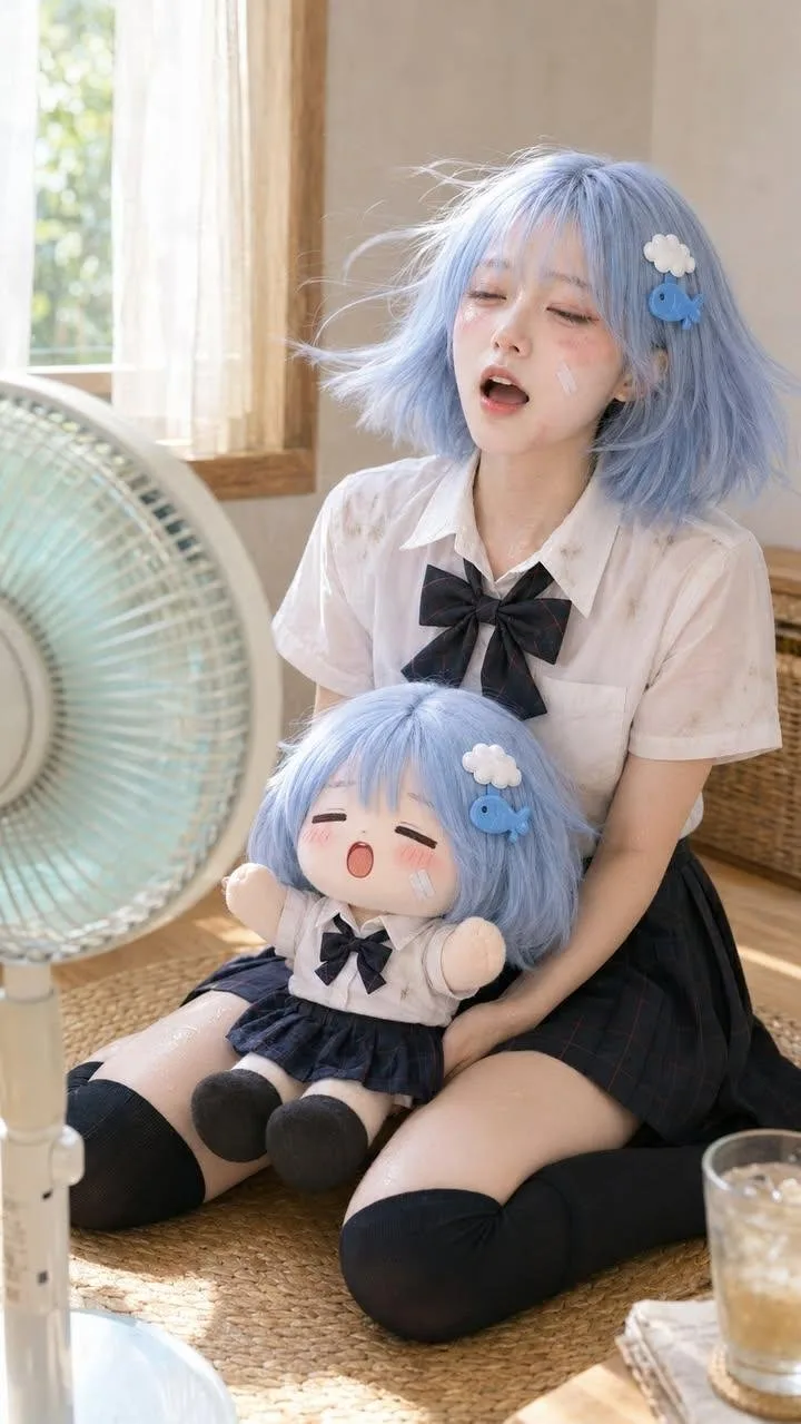 สาวจริงและตุ๊กตาหน้าร้อนนั่งพัดลม 1