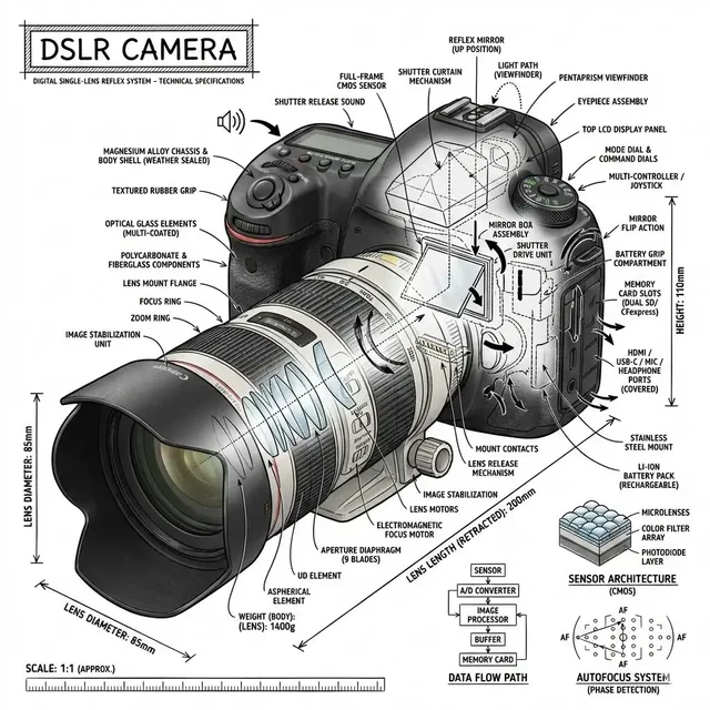 อินโฟกราฟิกภาพถ่ายวัตถุพร้อมคำอธิบายแบบร่างทางเทคนิค