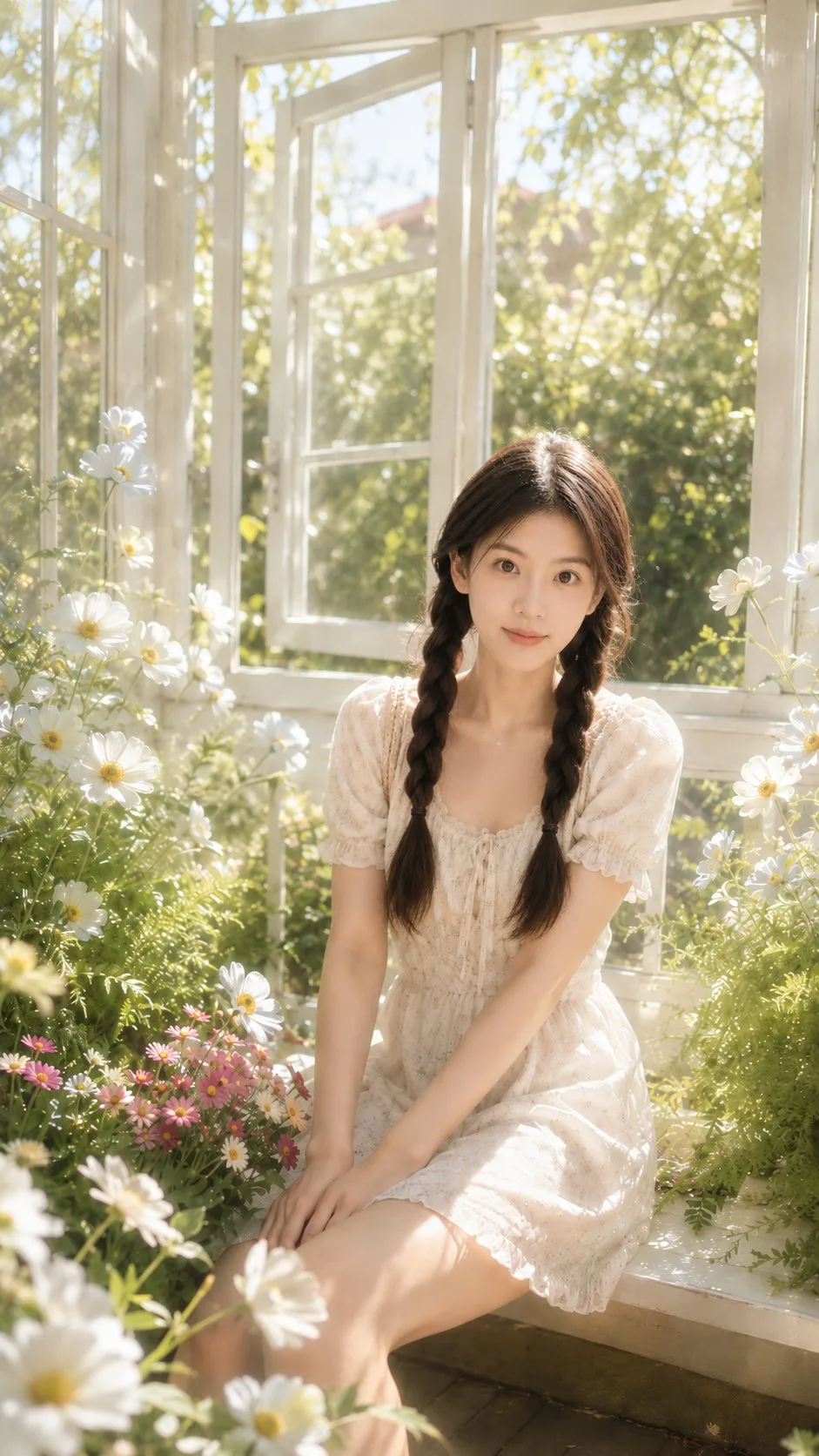 คนนั่งในเรือนกระจกดอกไม้สีขาวสวยงาม 1