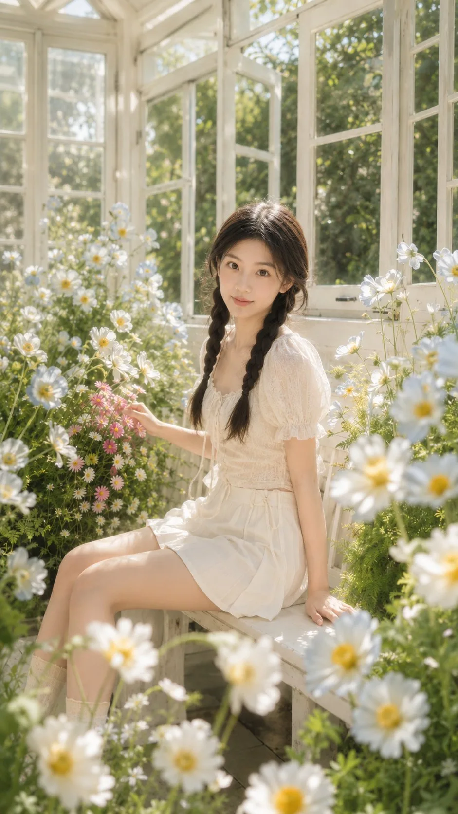 คนนั่งในเรือนกระจกดอกไม้สีขาวสวยงาม 2