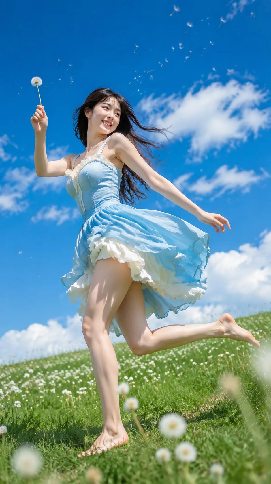 หญิงสาวเอเชียฤดูร้อนวิ่งบนเนินหญ้า 1