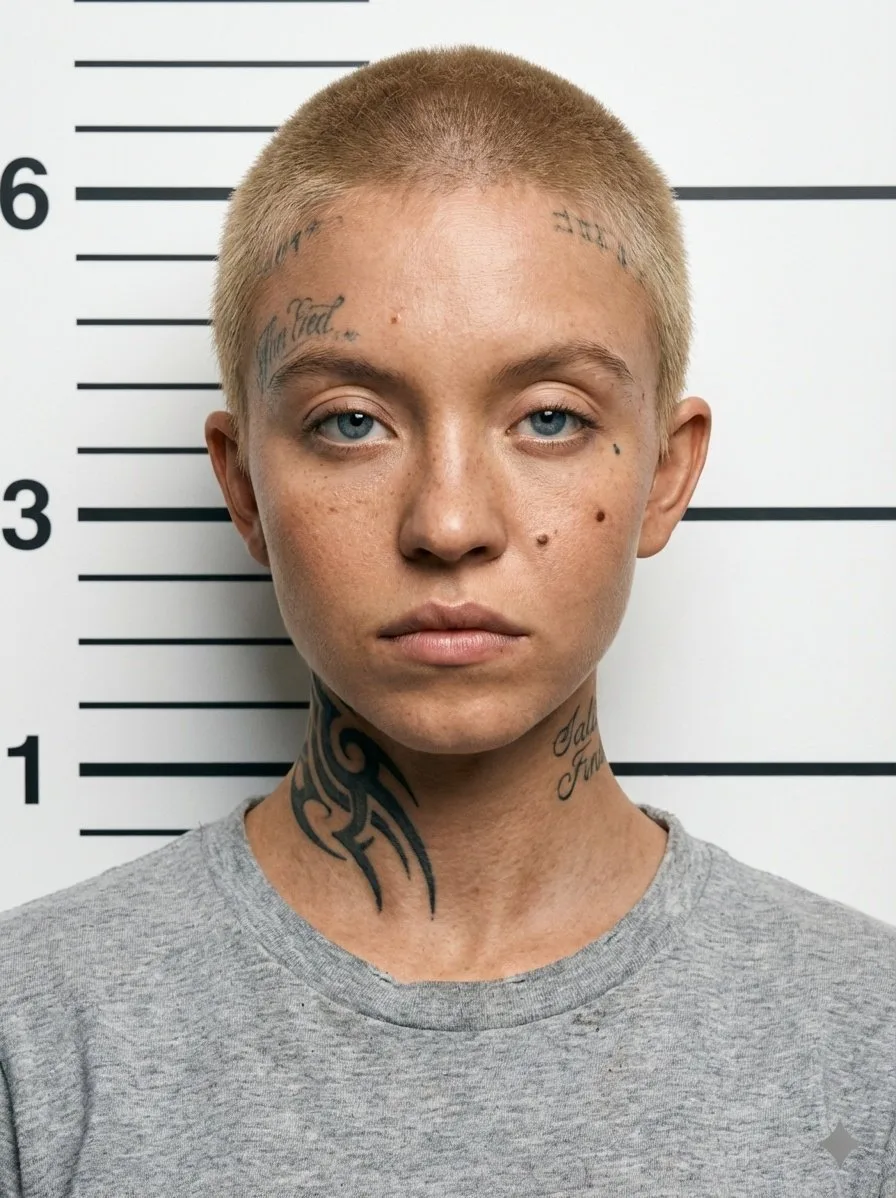 ภาพถ่ายนักโทษชายหัวเกรียนมีรอยสักเต็มหน้าแบบสมจริง 1