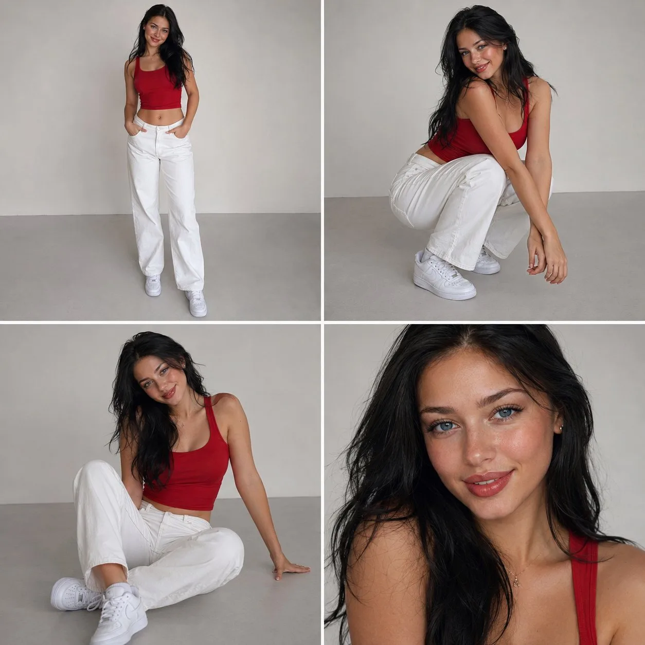 โมเดลสาวสวยยุโรปตะวันออก เสื้อแดง กางเกงยีนส์ขาว 4 ภาพ 1