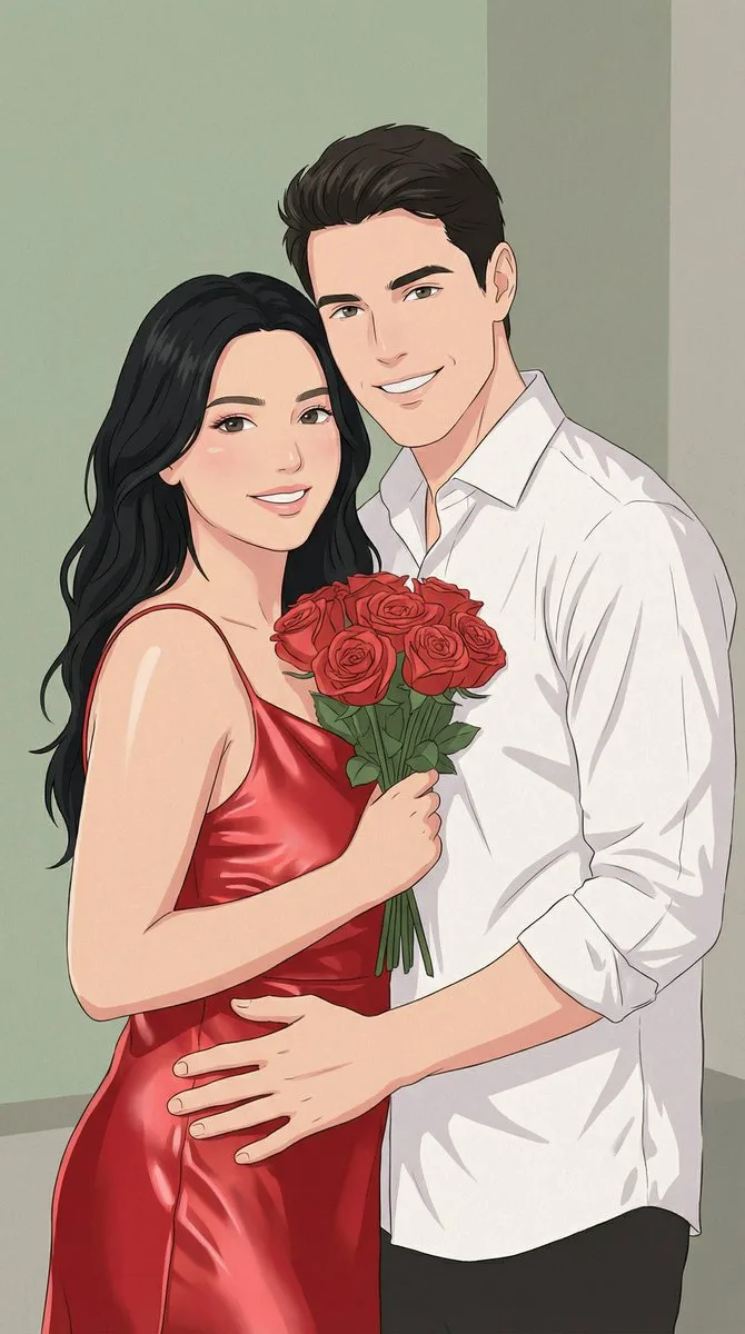 คู่รักอนิเมะ: ภาพวาดชุดซาตินแดงและกุหลาบ 1