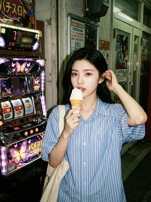 สาวกินไอติมในอาร์เคดสไตล์ฟิล์มย้อนยุค