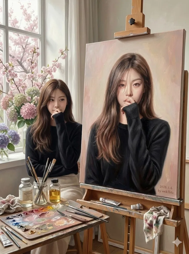 ภาพสีน้ำมันสาวงามกับดอกไม้ในสตูดิโอแสงนุ่มนวล 1