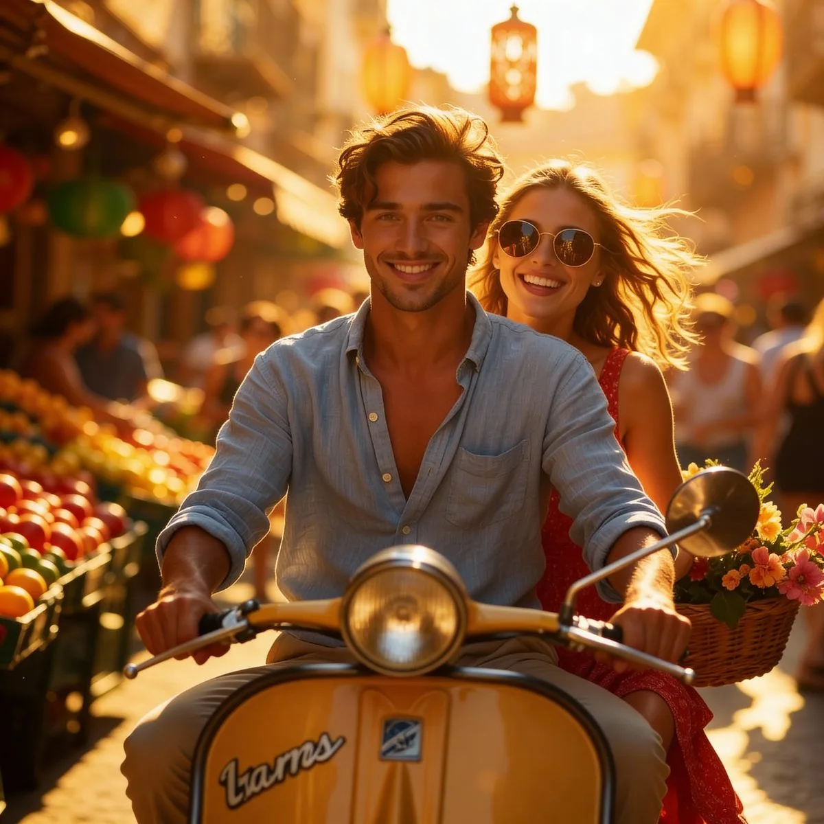 คู่รักขี่สกู๊ตเตอร์วินเทจในตลาดช่วงพลบค่ำ 1