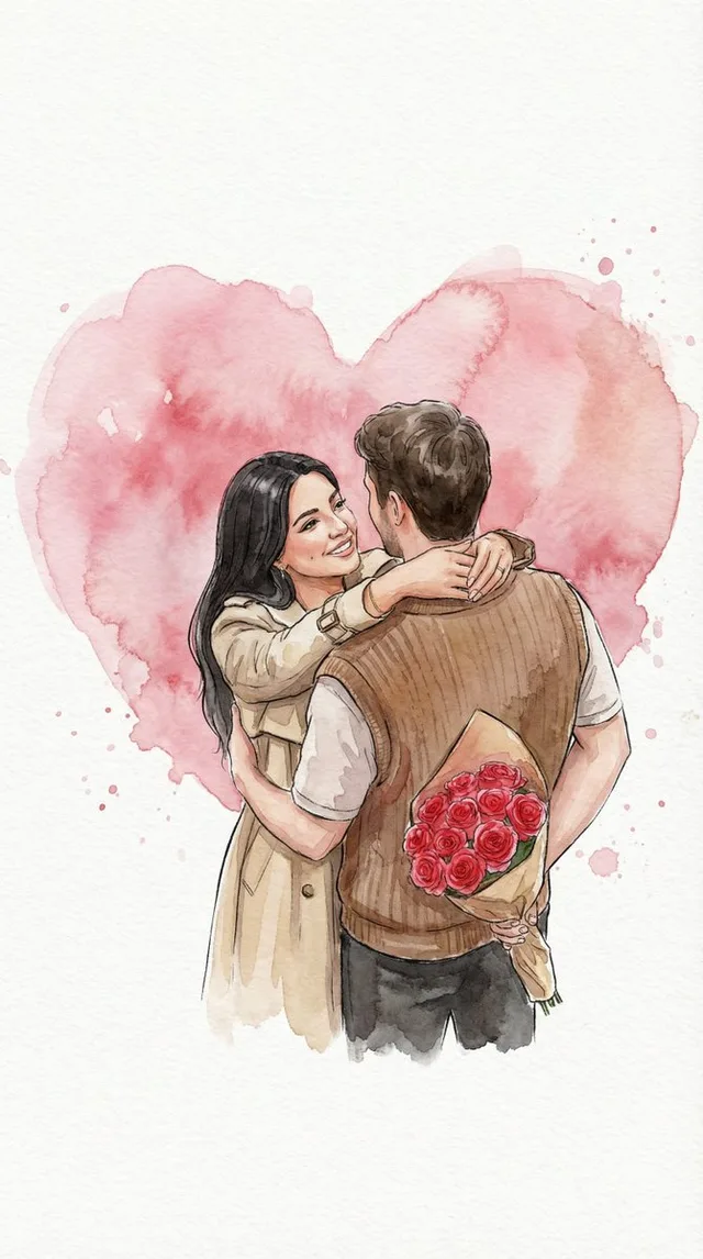 คู่รักกอดกันใต้หัวใจสีน้ำแสนโรแมนติก