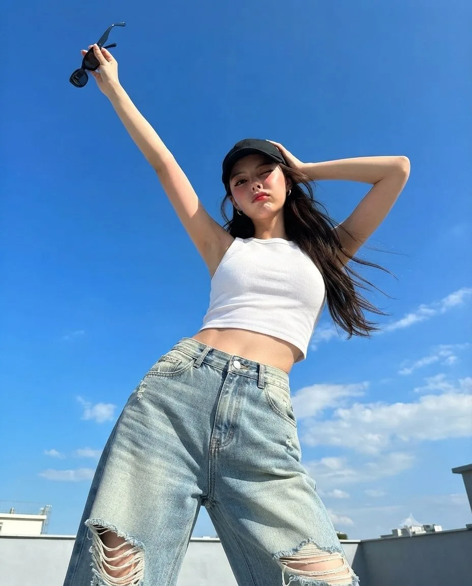 สาวจีนสตรีทแฟชั่น ถ่ายมุมเสยบนดาดฟ้า 1