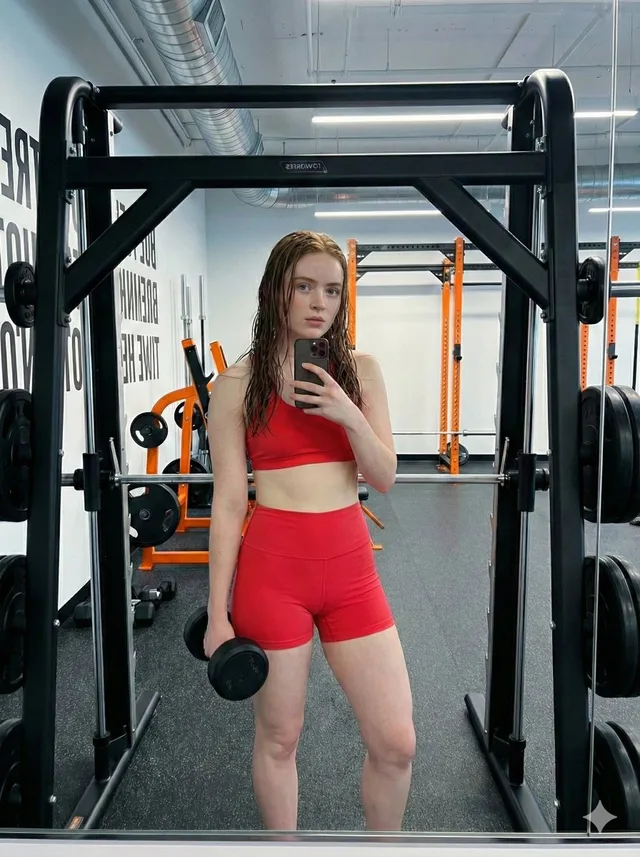 สาวนักกีฬาในชุดชมพูถ่ายเซลฟี่ในยิมสไตล์อินดัสเทรียล