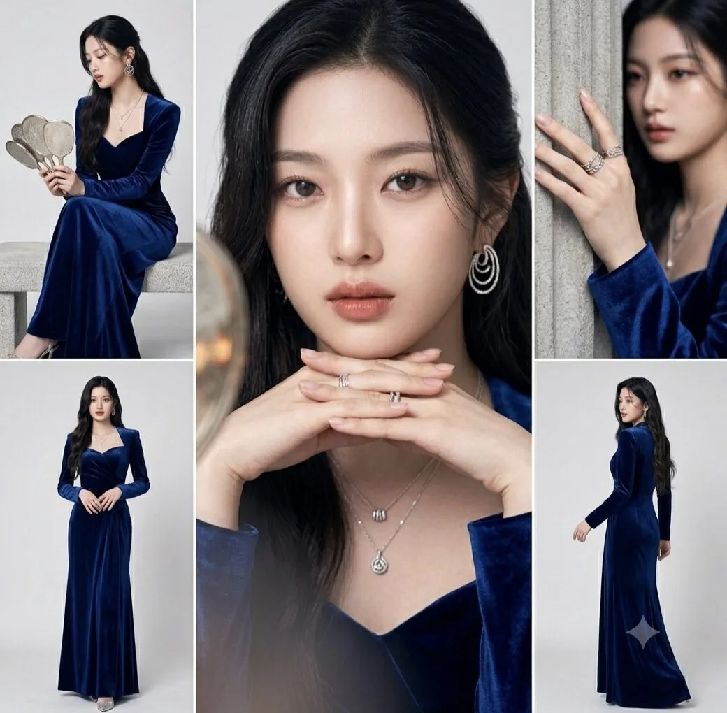 คอลลาจชุดกำมะหยี่สีน้ำเงินรอยัล: สตรีเอเชียผู้สง่างาม 1