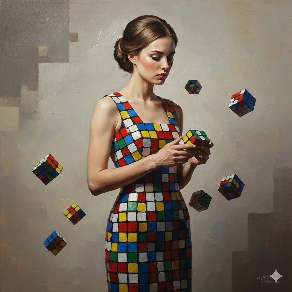 ภาพเหมือนสาวชุดลูกบาศก์รูบิค สไตล์ภาพวาดสีน้ำมัน 1