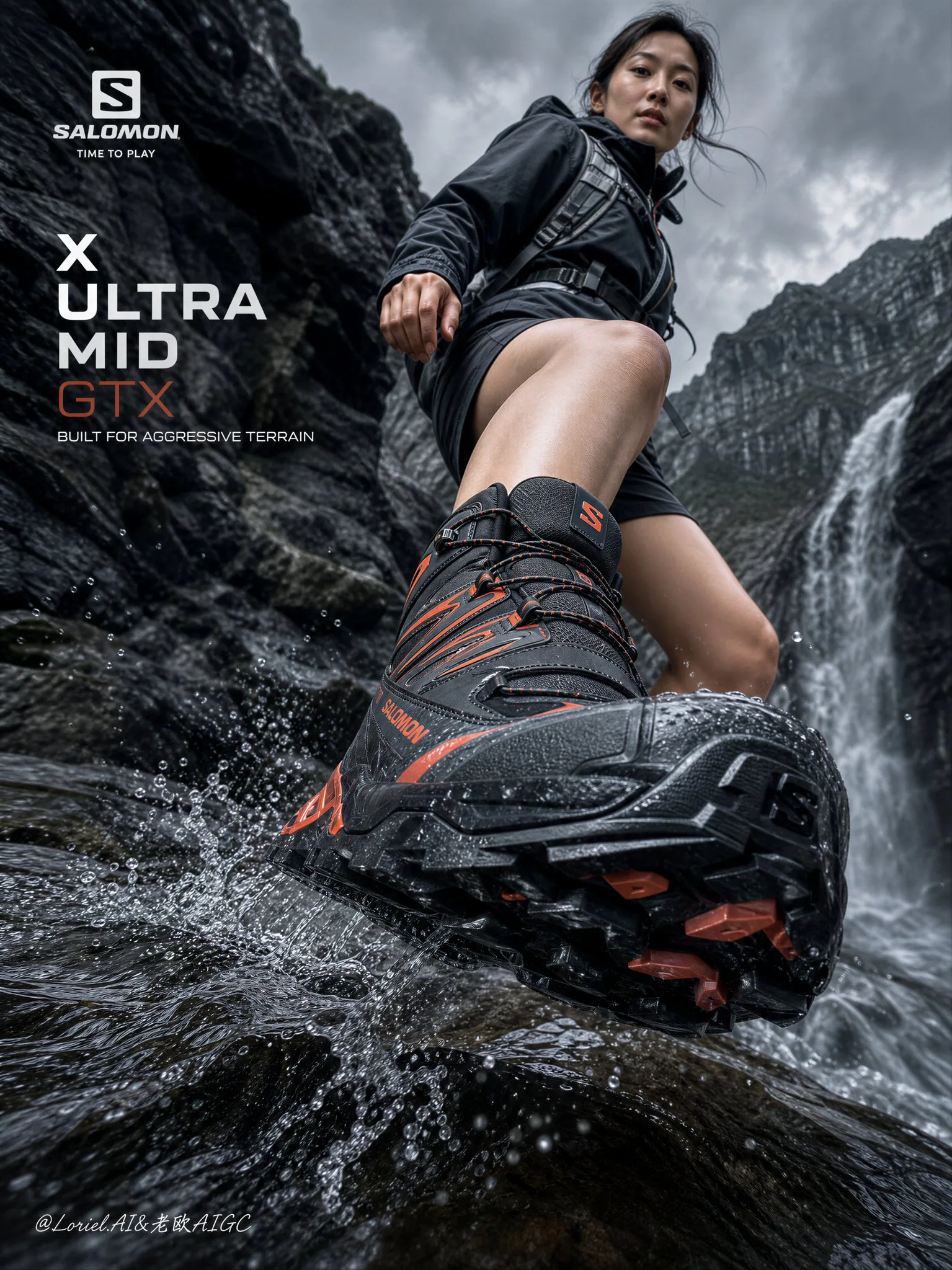 โปสเตอร์ Salomon X Ultra Mid GTX: มุมต่ำพิเศษสีแดงภูเขาไฟ 1
