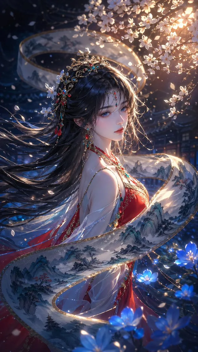 สาวจีนสไตล์โอเรียนทอล ในม้วนภาพทิวทัศน์ลอยได้