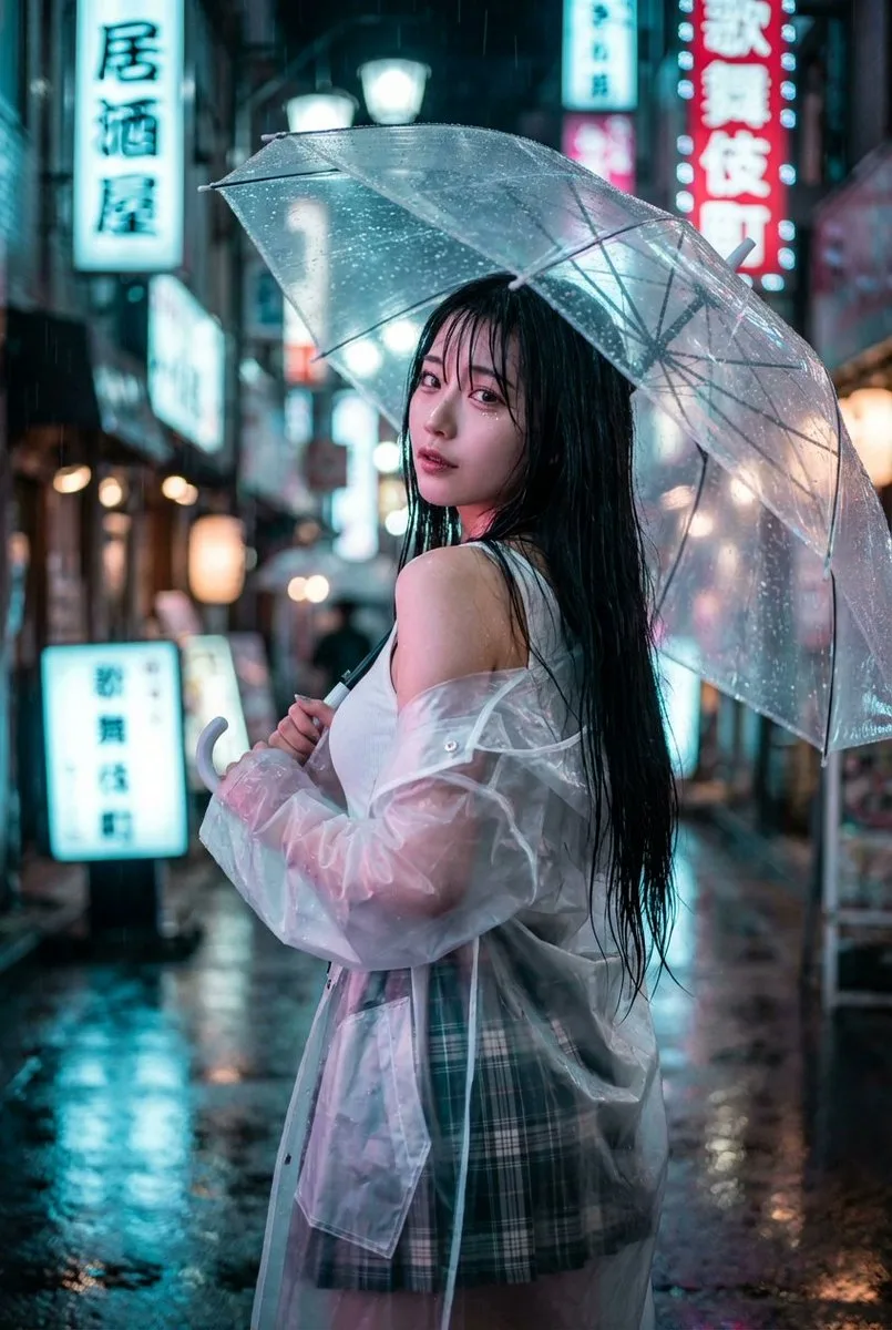 หญิงสาวสวยมองย้อนหลังกลางฝนพรำน็ออนในชิบูย่า 1
