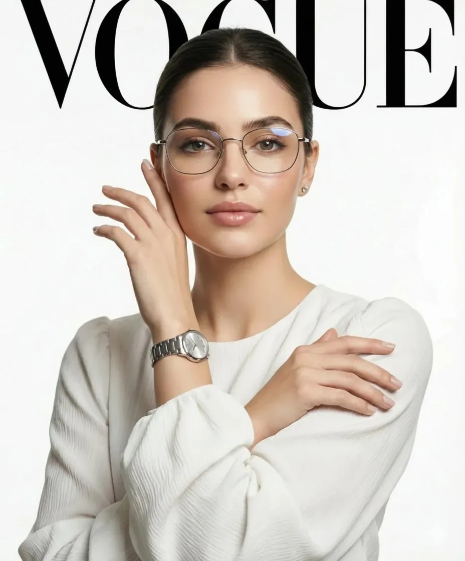 สาว Vogue ผ้าไหมขาวในกระจกเงินสไตล์มินิมอล 1