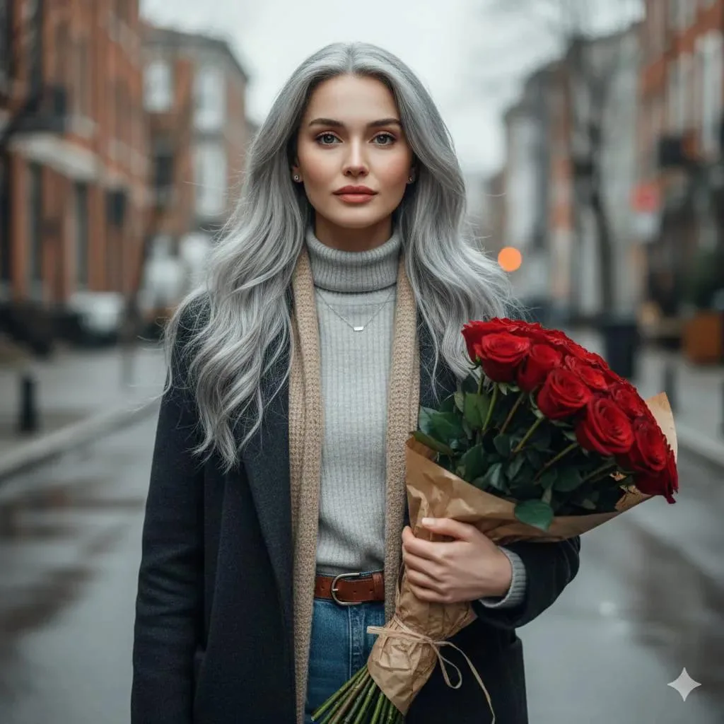 สาวผมเงินถือกุหลาบ: ภาพเหมือนแนวสตรีทยุโรป 1