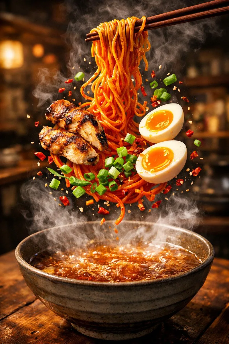 บะหมี่เผ็ดบุลดักลอยกลางอากาศ: ช็อตโฆษณาอาหารสุดอลังการ 1