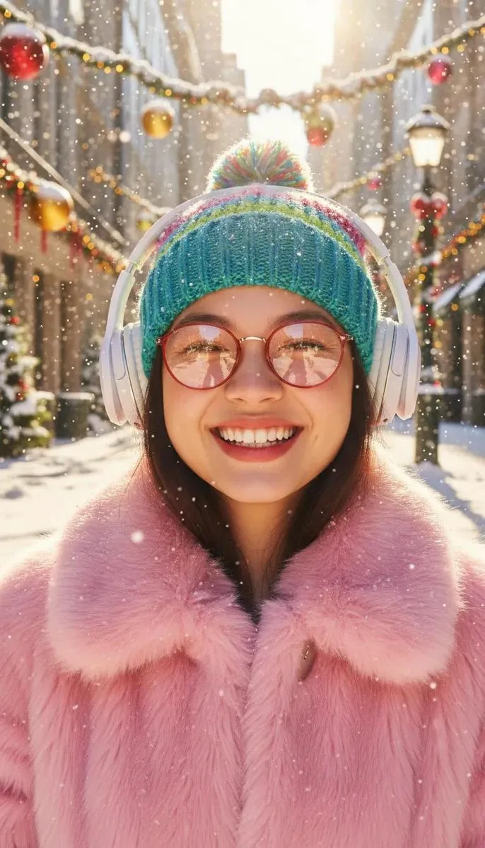 สาวน้อยยิ้มหวาน ในเสื้อขนชมพู ท่ามกลางหิมะโปรยปราย 1