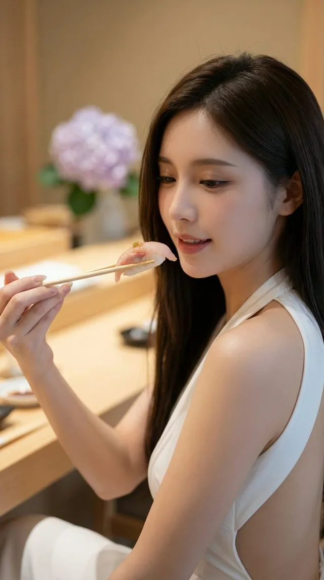 ความหรูหราของแผ่นหลังขาวเนียนและซูชิเลิศรส