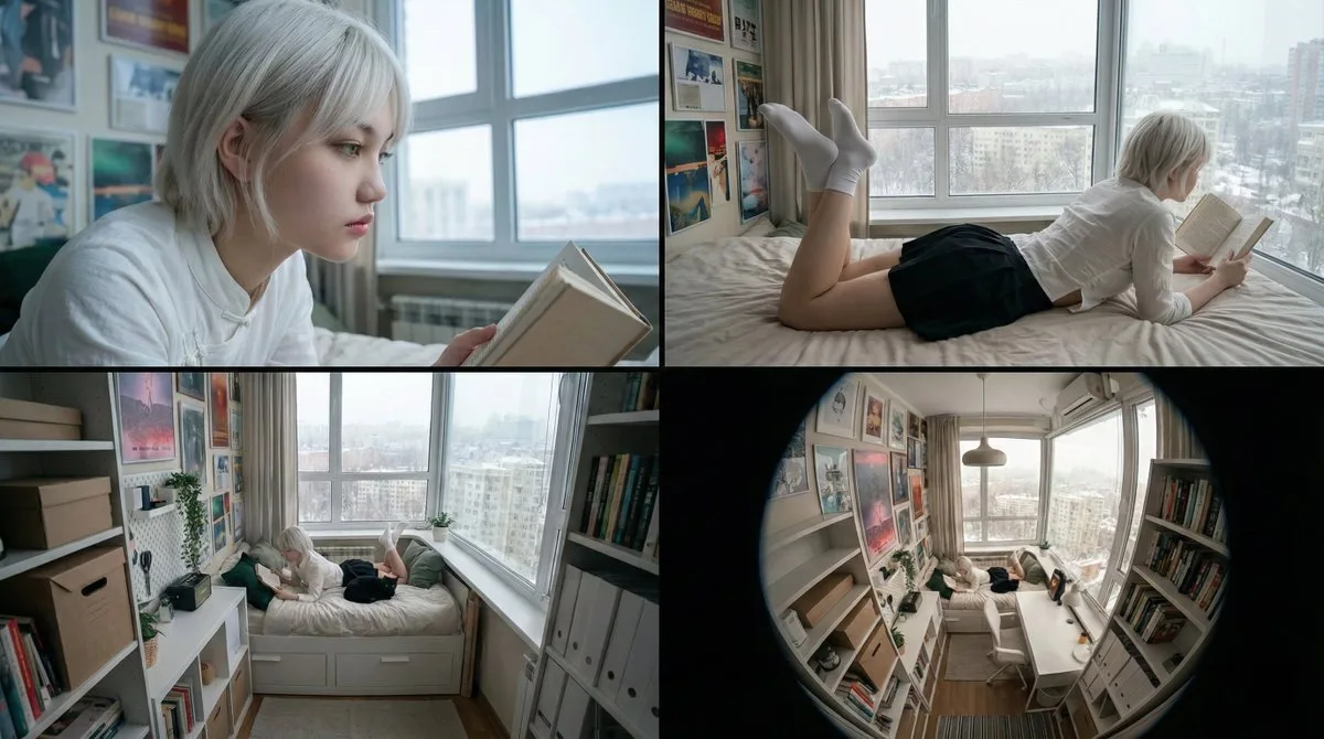 สาวน้อยอ่านหนังสือในวันหิมะตก: สตอรี่บอร์ด 4 ช่อง 1