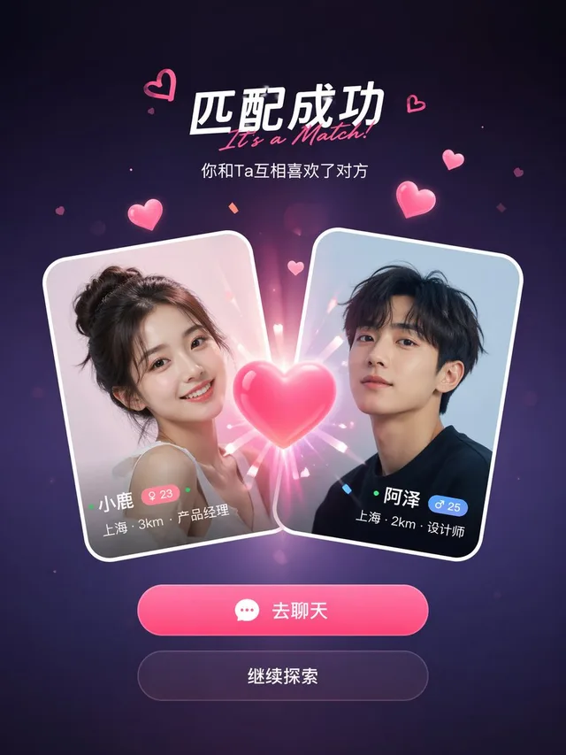UI จับคู่สำเร็จพร้อมเอฟเฟกต์หัวใจในแอปโซเชียล