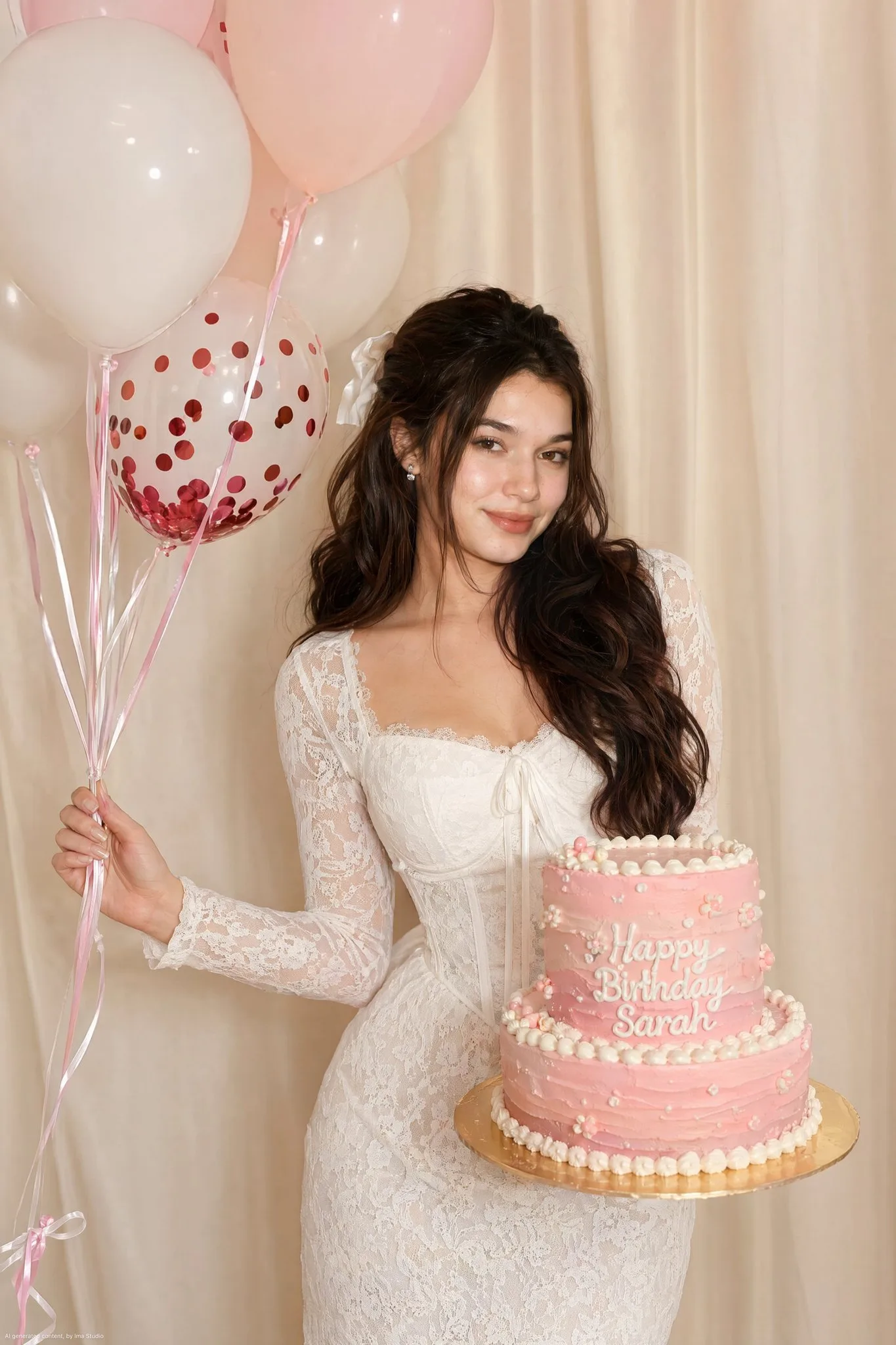 สาวเอเชียใต้ในชุดลูกไม้ฉลองวันเกิดกับเค้กและลูกโป่ง 1