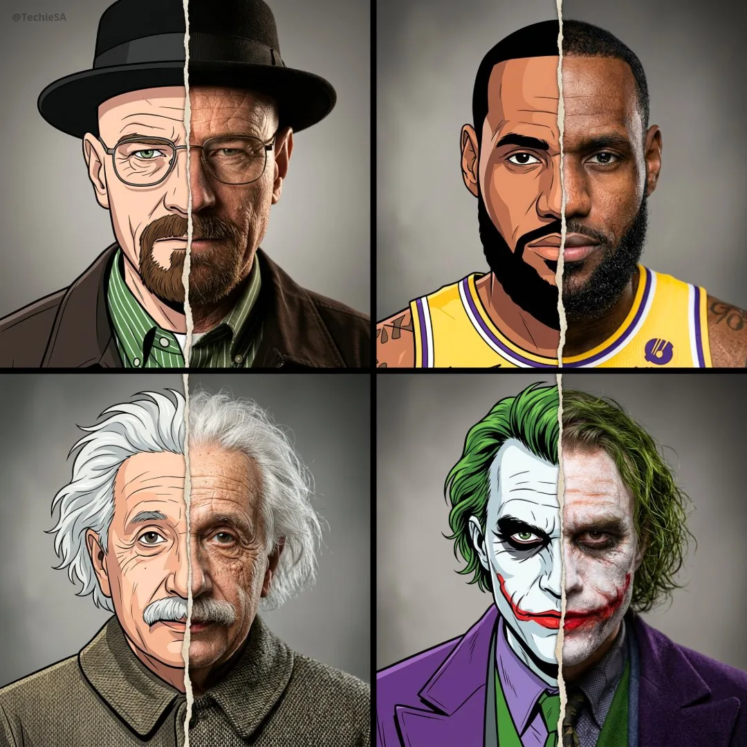 ภาพบุคคลแยกส่วน: การ์ตูน 2D vs. เหมือนจริง 1