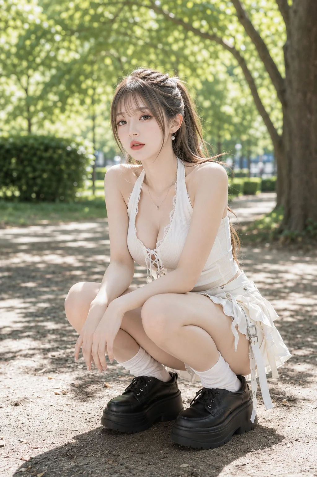 สาวชุดขาวรองเท้าดำในร่มไม้ 1