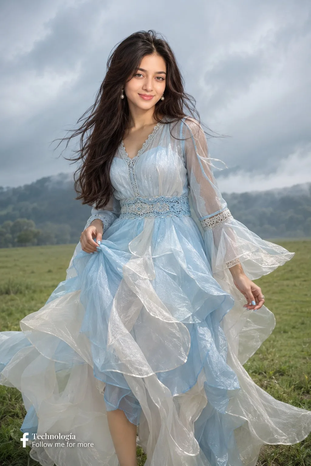 สาวศรีลังกาในชุดสีฟ้าอ่อนพริ้วไหว ณ ทุ่งหญ้า 1